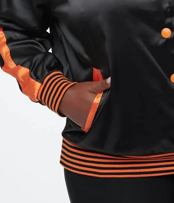 Unique Vintage Plus Size Black And Orange Scream Queen Satin Bomber Jacket