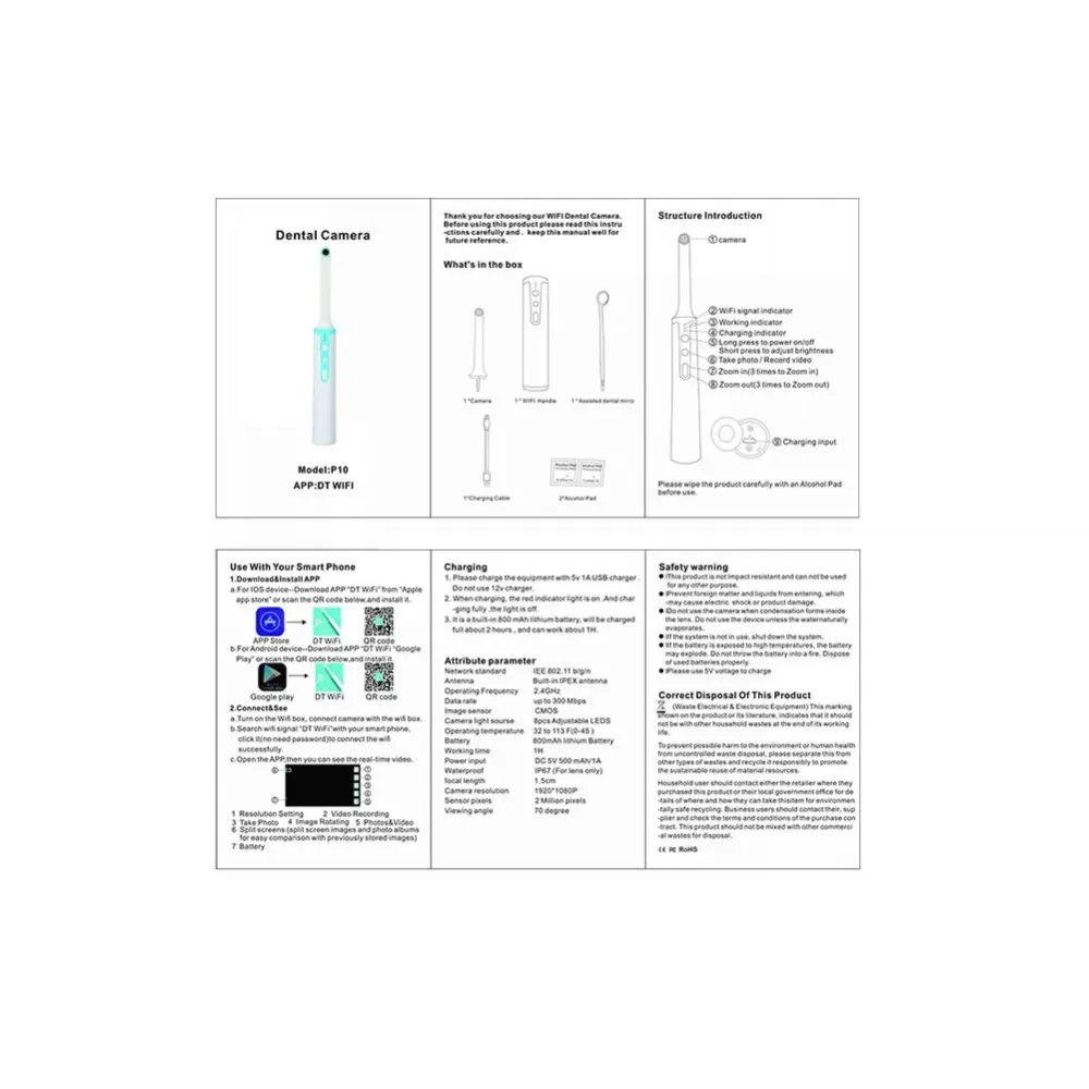 High Definition Oral EndoscopeCompact Waterproof P10 WiFi Dental Camera Intraoral Endoscope for Dentist Oral Real-time Video