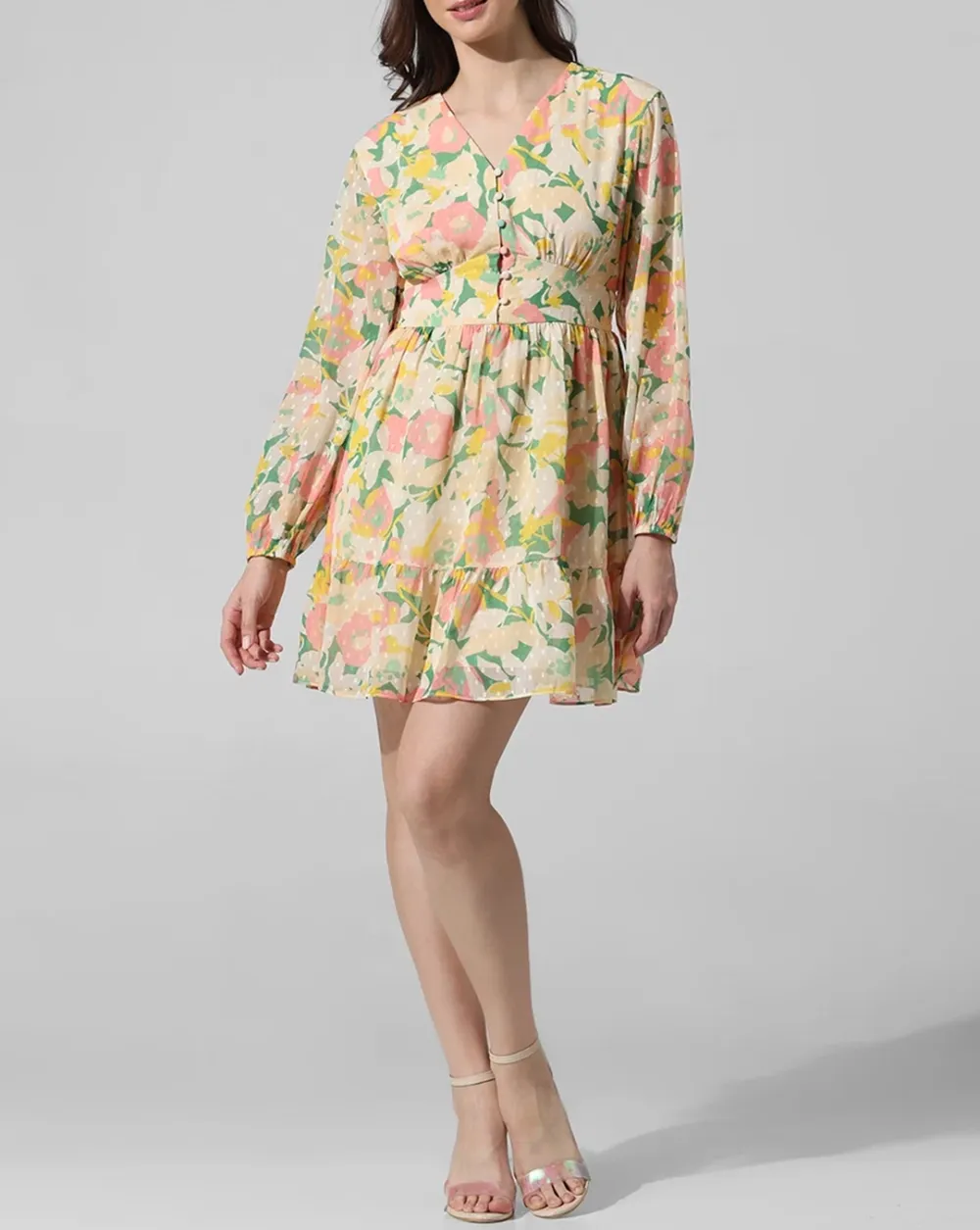 Yellow Floral Smocked Waist Dress