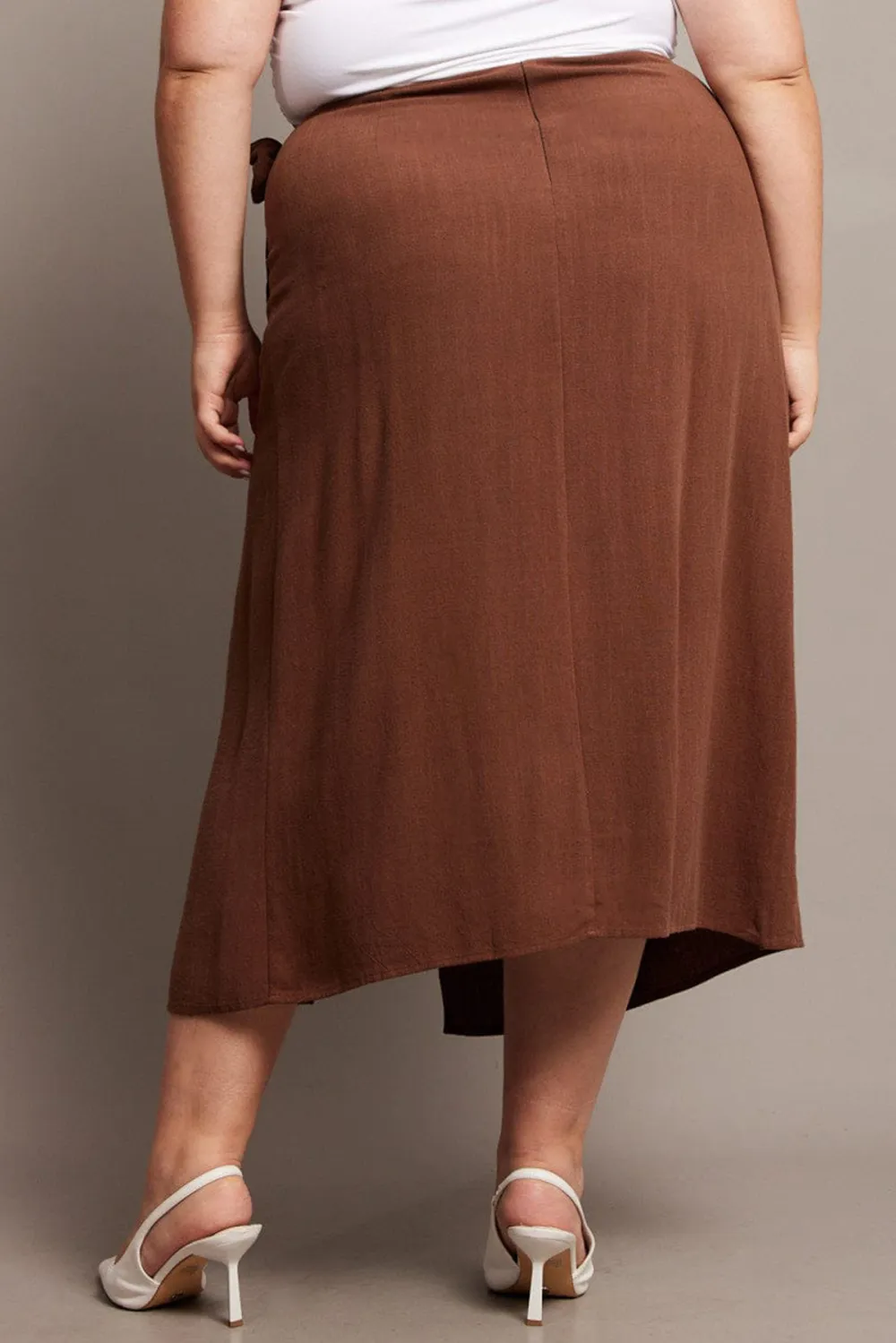 Brown Faux Wrap Linen Blend Midi Skirt