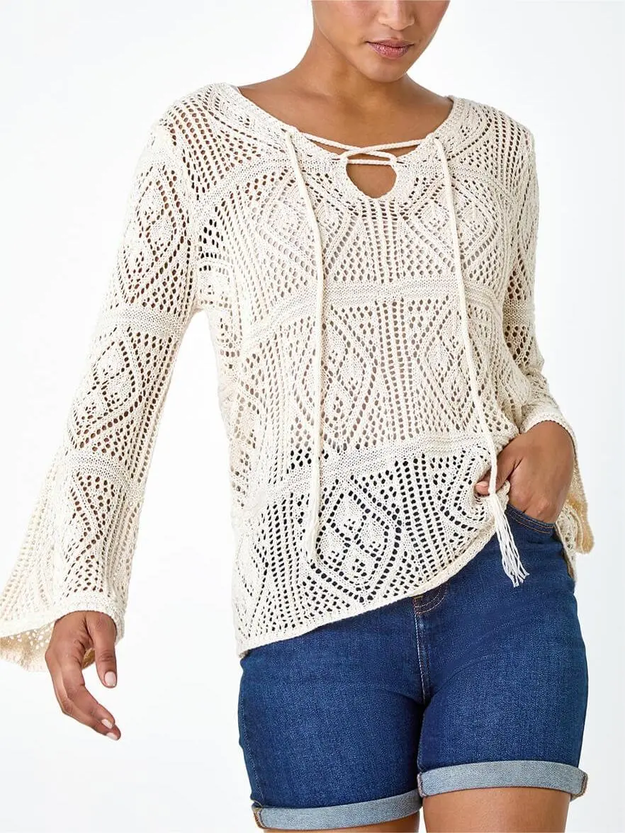 Ivory Crochet Tie Front V-Neck Tunic Top