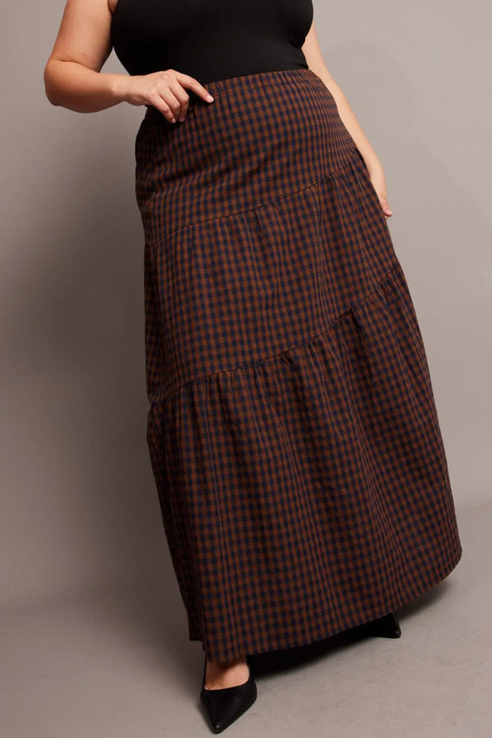 Brown Check Check Maxi Skirt