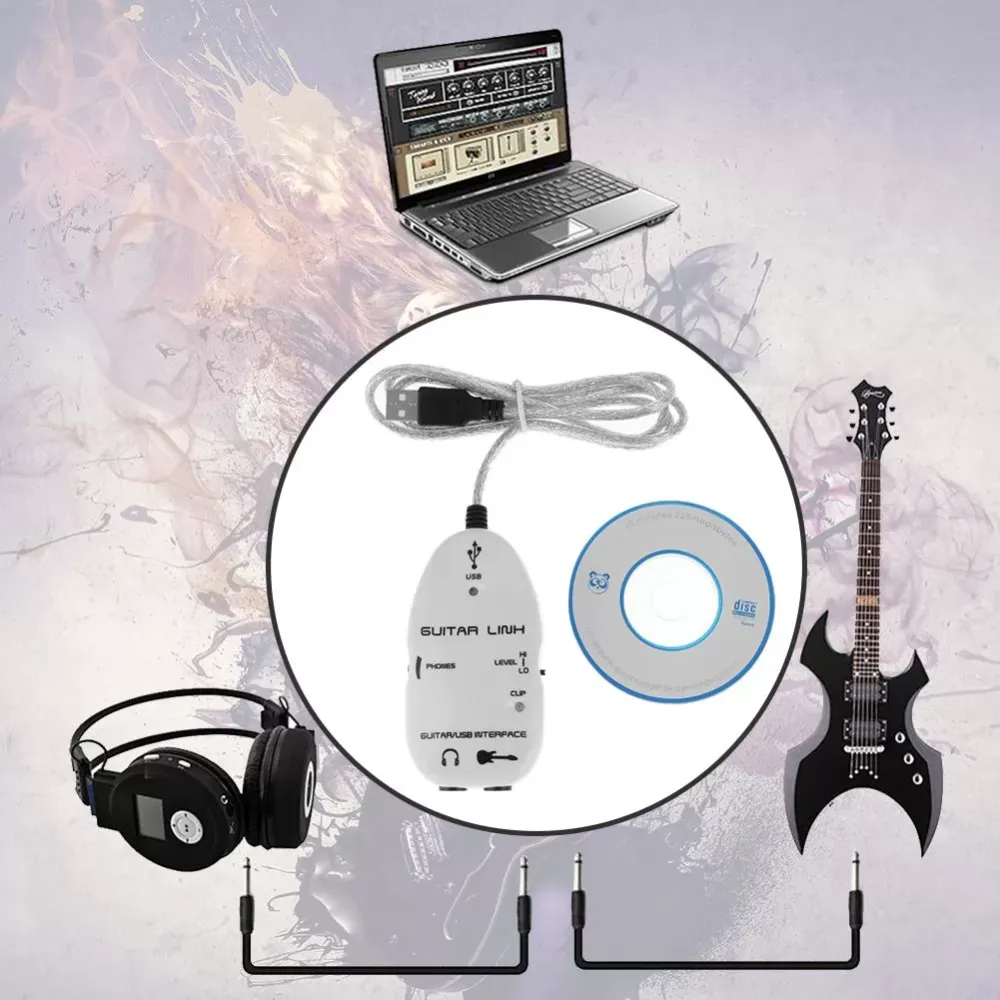 Guitar to USB Sound Player Sound Card Effector Interface Link Audio Cable Music Recording Adapter Support Windows XP/MacOS etc