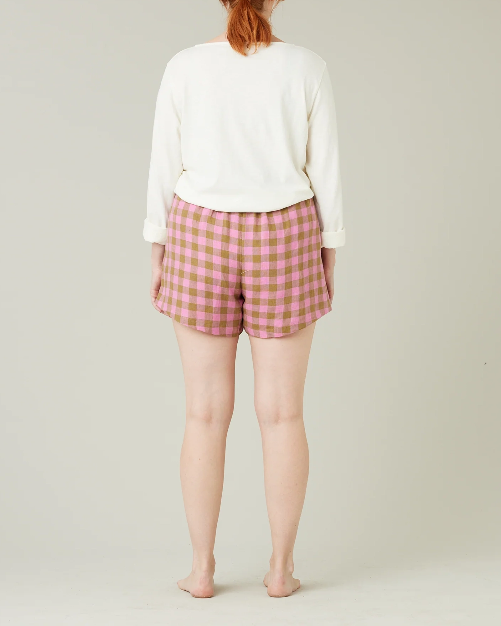 PINK & OLIVE CHECK LINEN SHORT