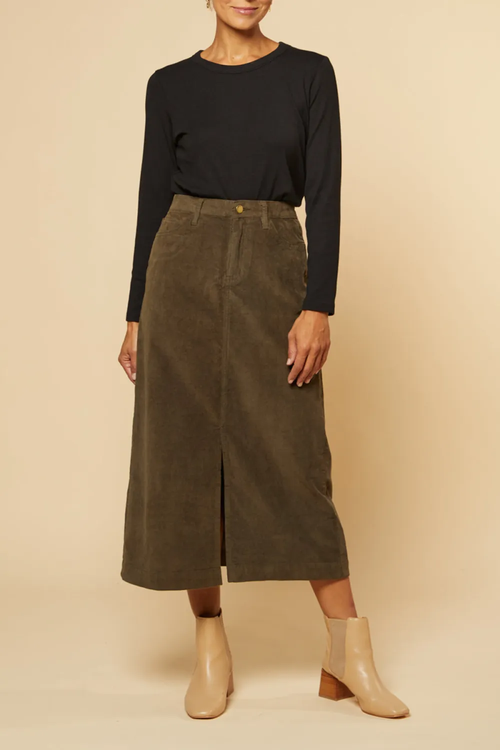 Adrift Split Brushed Cotton Skirt in Olive