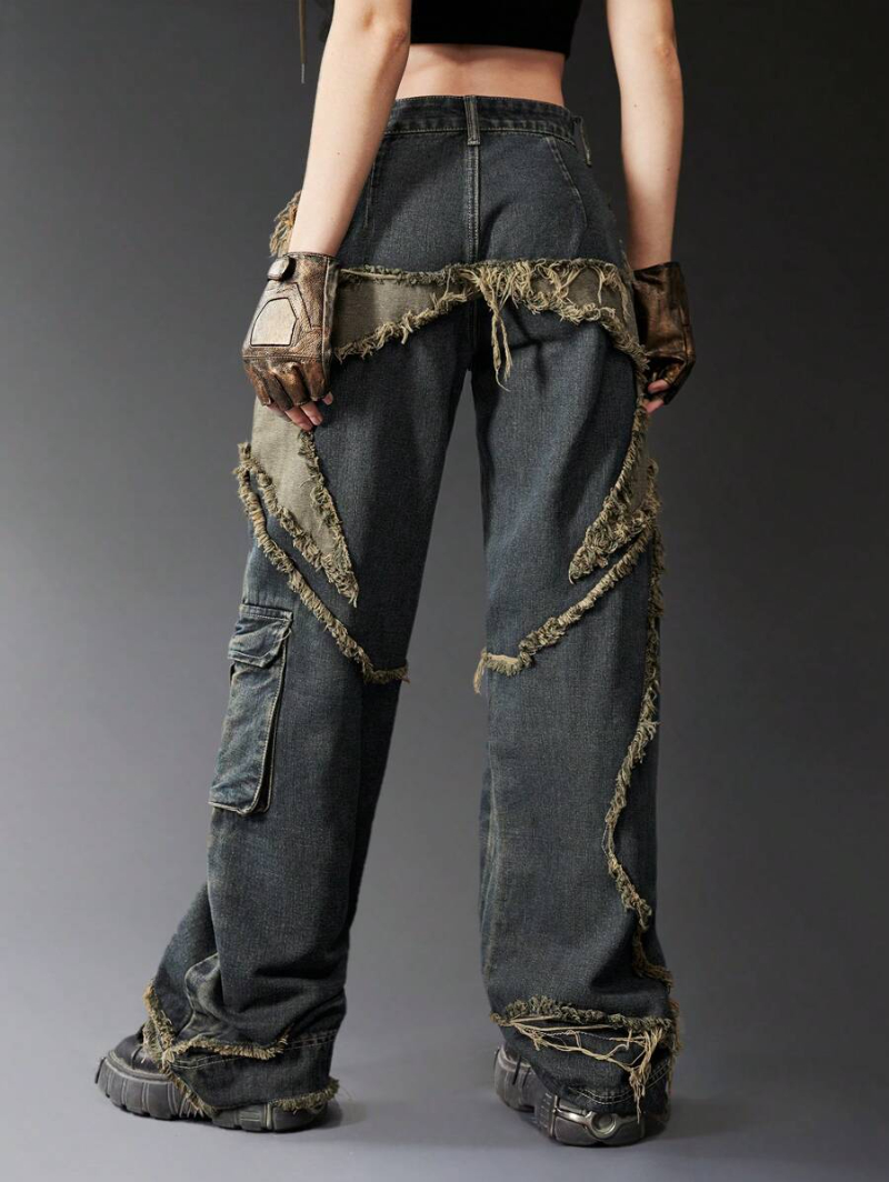 Grunge Punk Star Pattern Raw Trim Flap Pocket Cargo Jeans