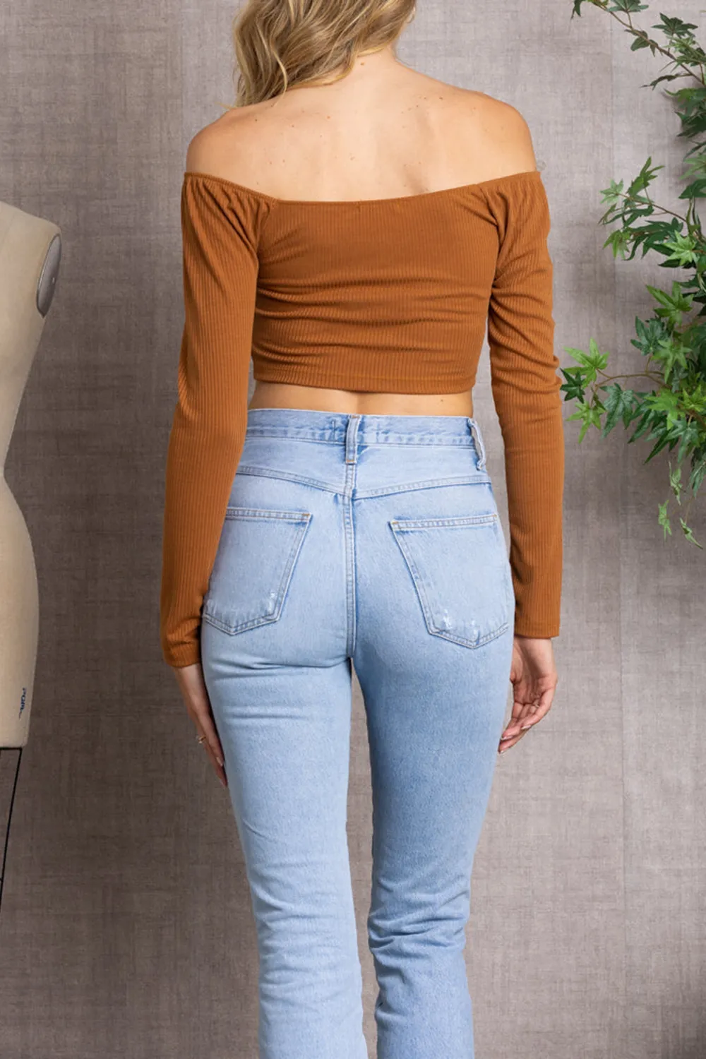 CAMEL SPRUCE RIBBED LONG SLEEVES V-CUT HEMLINE CROP