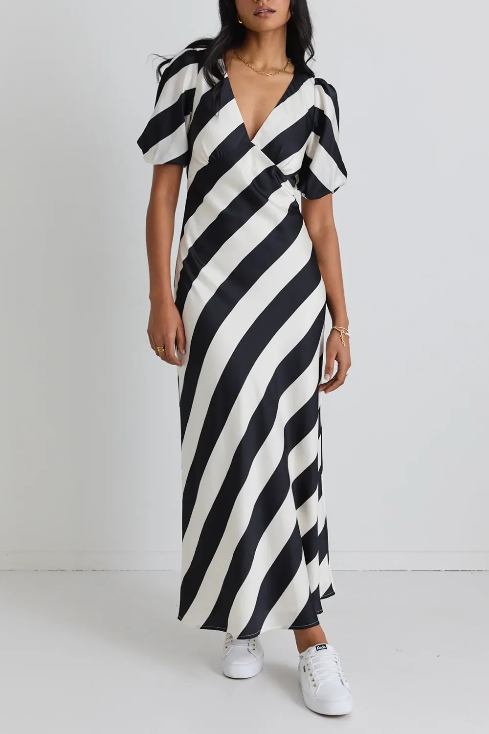 Amora Black White Stripe SS Bias Midi Dress