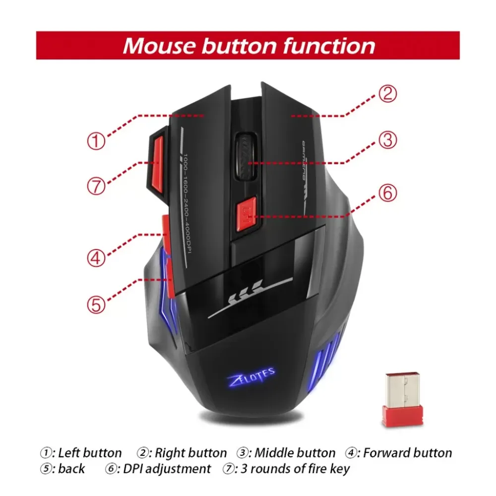 Zelotes 2.4G Charging Gaming Mouse USB Receiver Wireless Portable Ergonomic Computer PC Gamer Desktop Laptop Accessories