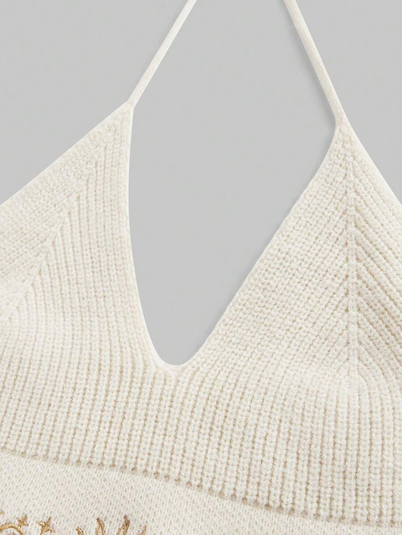 Hippie Summer Sexy Embroidered Backless Halter Knitted Top