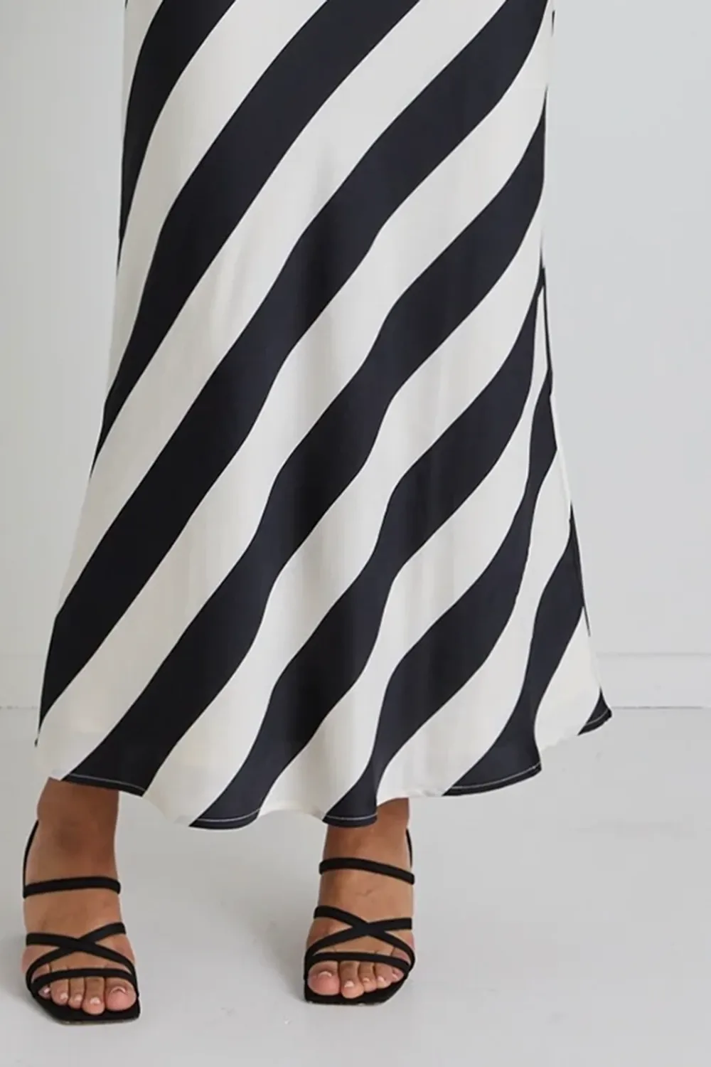 Amora Black White Stripe SS Bias Midi Dress