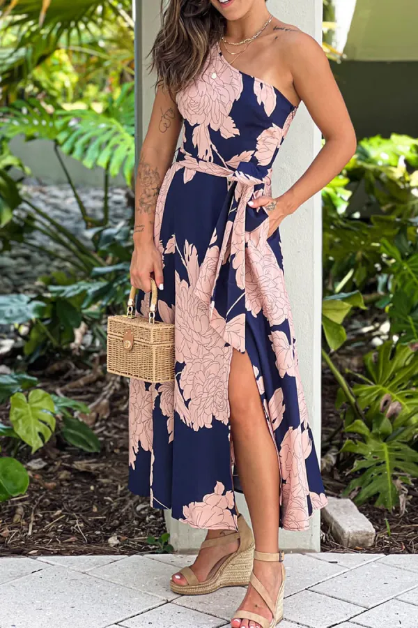 Navy Printed One Shoulder Dress