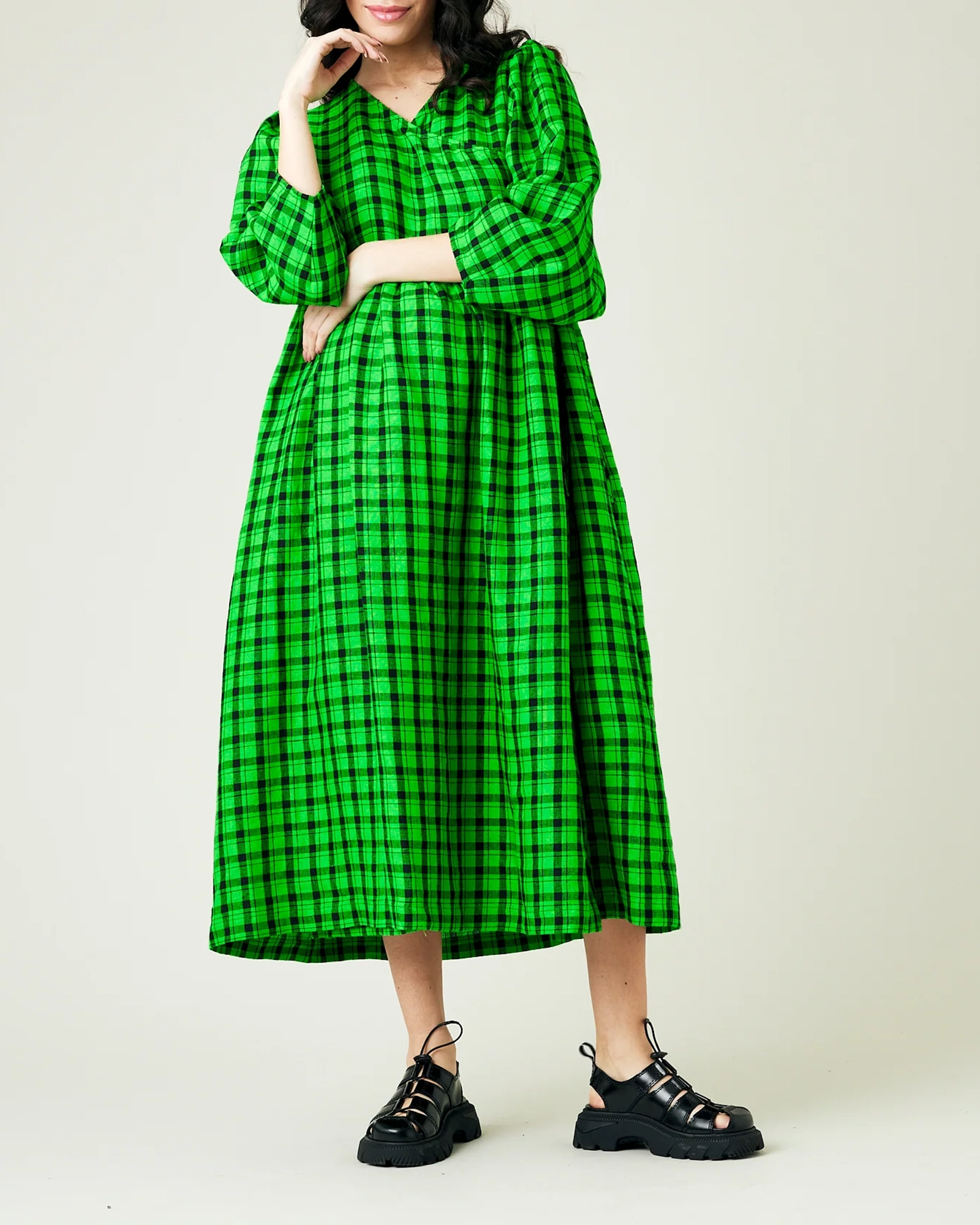 BLACK & GREEN CHECK LINEN DRESS