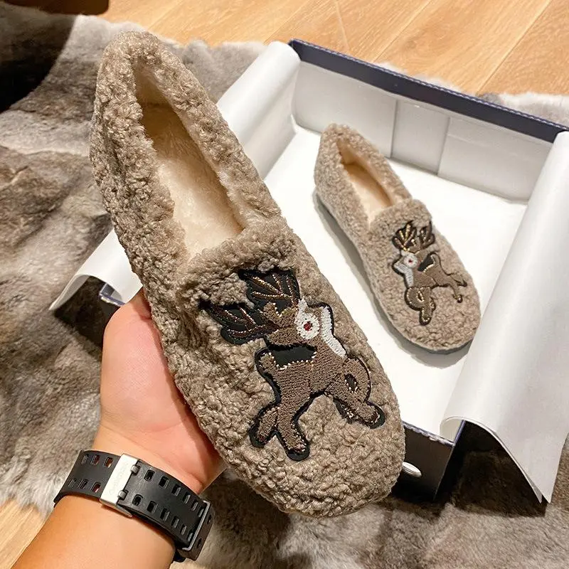 Furry Outer Wearing Flats Loafers Elk Decor Backless  Wild Fluffy Flat Mules Warm