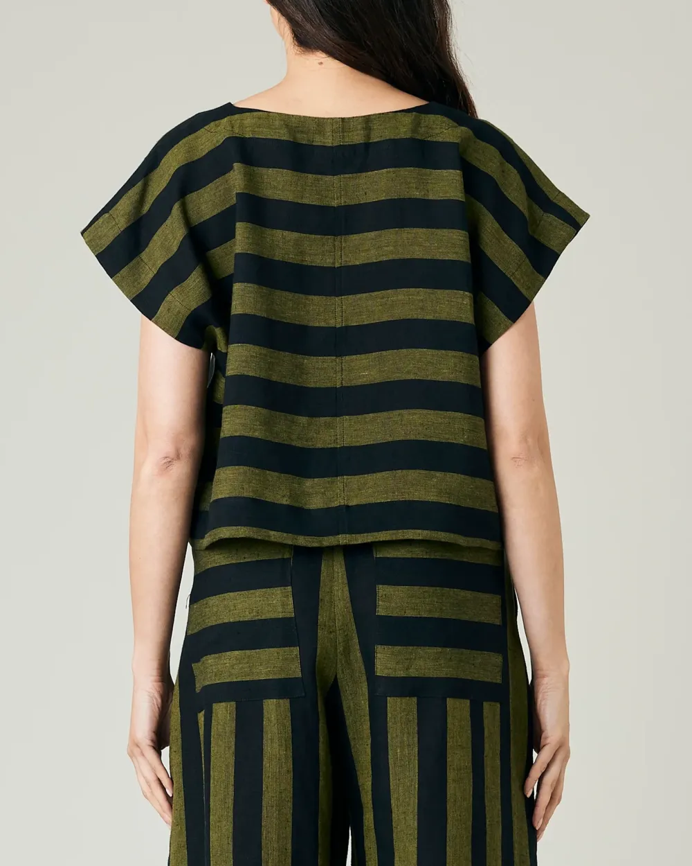 POLLY BLACK & OLIVE STRIPE LINEN TOP