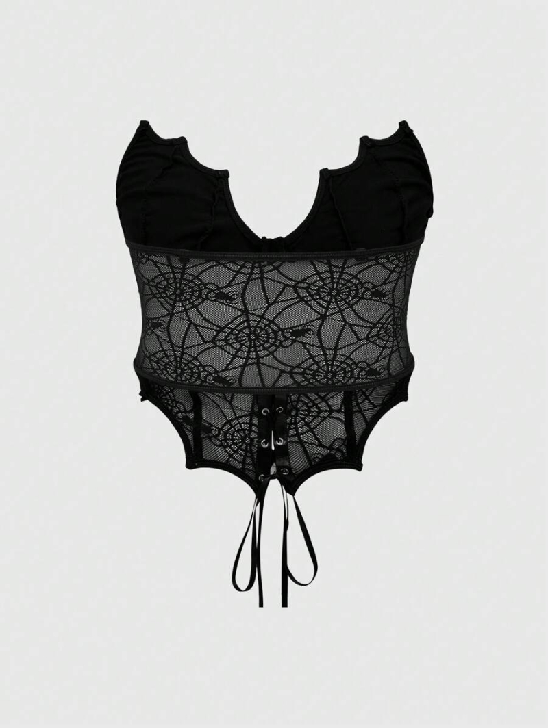 Goth Sexy Gothic Y2K PU Leather Bat Shape Bust Cup Spliced Spiders Net Lace Fishbone Hem Plus Size Corset Top