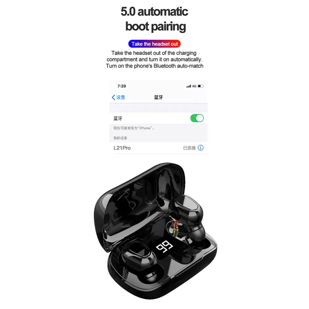 L21pro TWS Earbuds Blueooth 5.0 Headset True Wireless Stereo Earphones Waterproof Mini Sports In-Ear Headphones,with Microphone