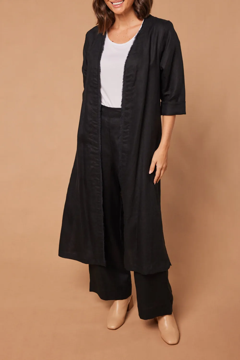 Long Line Fringed Linen Duster Jacket In Black