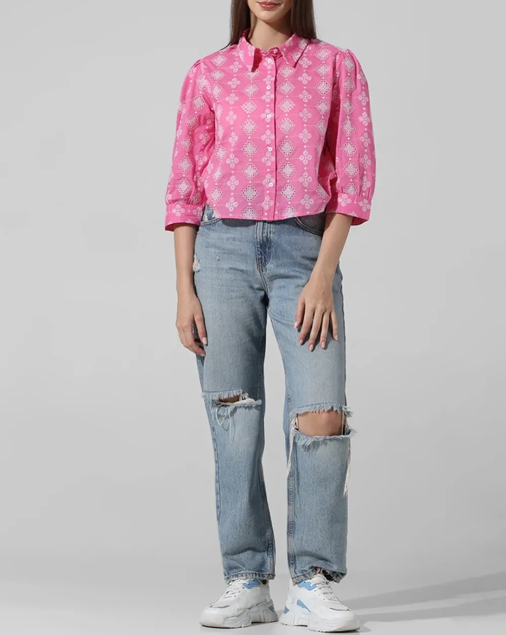 Pink Abstract Print Schiffli Shirt