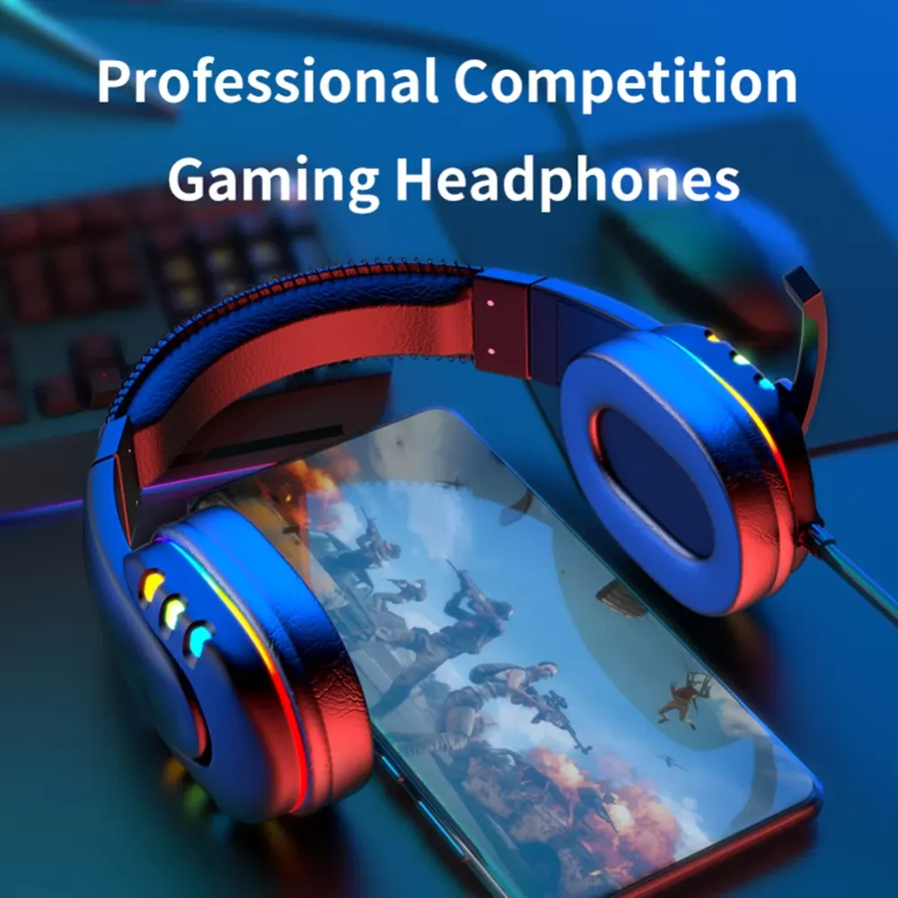 Professional gamer LED light headset headphones with built-in noise reduction high-definition microphone, suitable for desktop