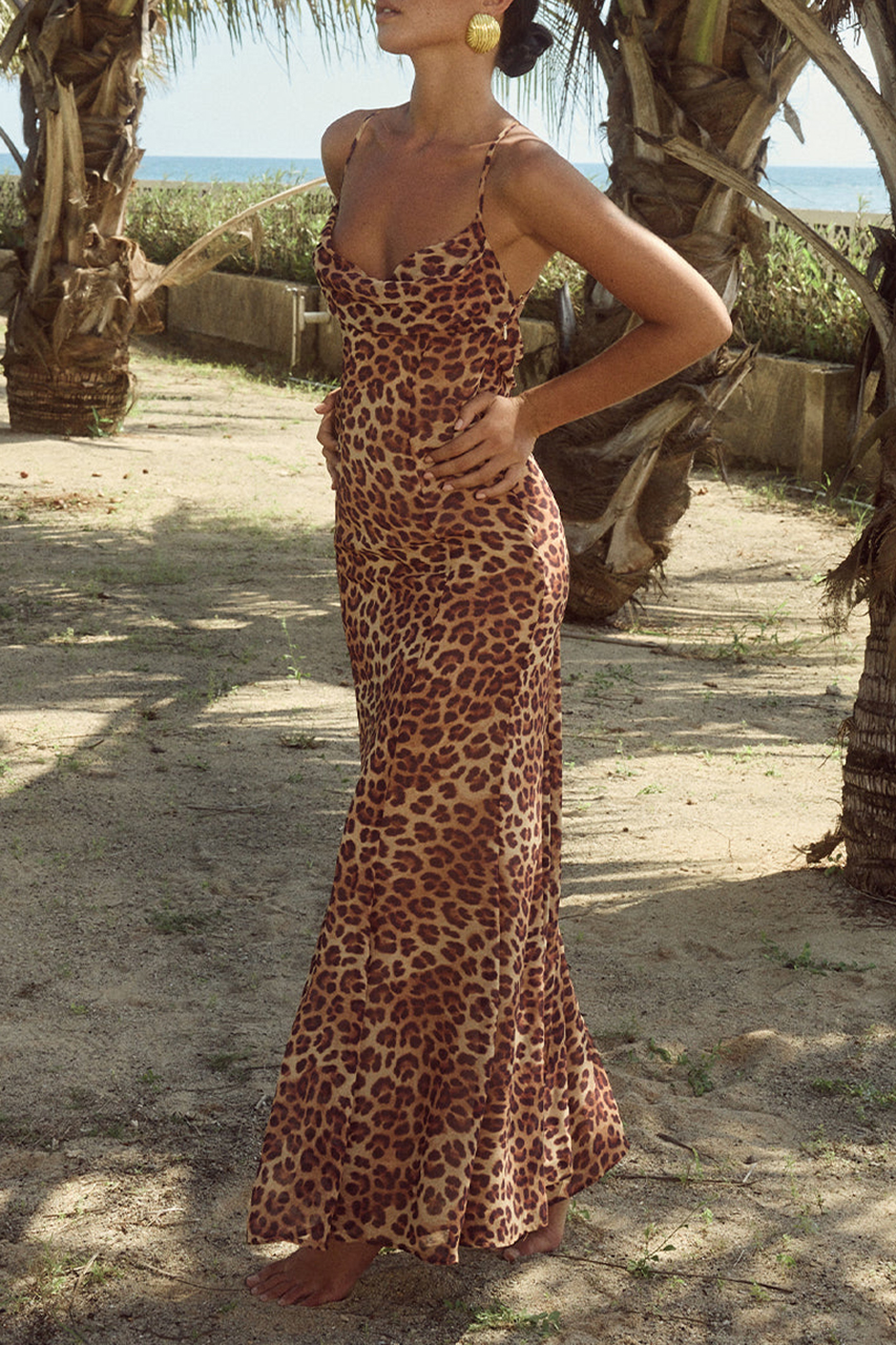 Drape Comfort Sling Leopard Print Maxi Dress