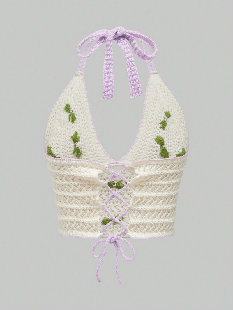 Kawaii Women Halter Crochet Knitted Top With 3D Flower Embroidery, Hollow Out