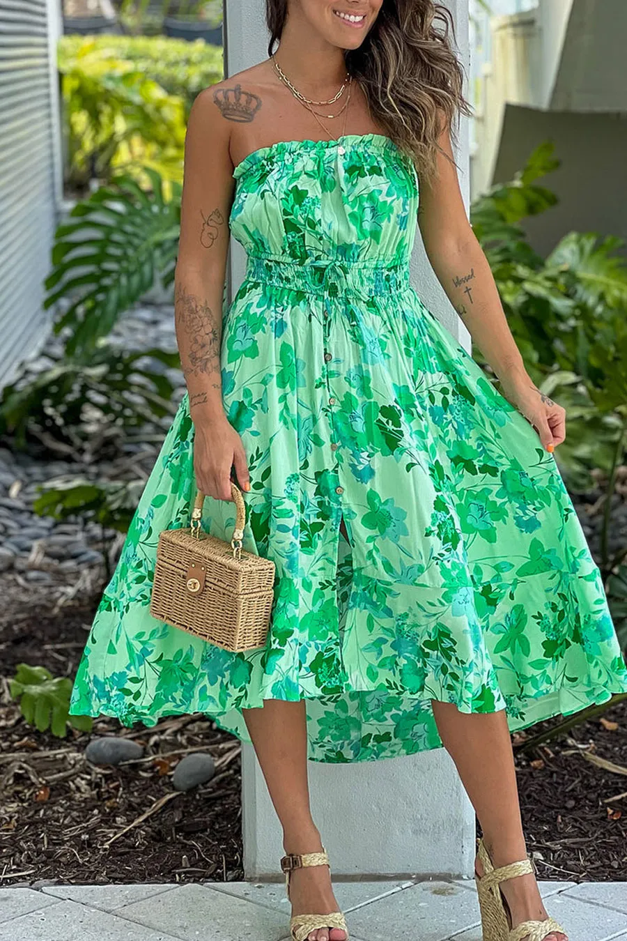 Green Floral Print High Low Dress