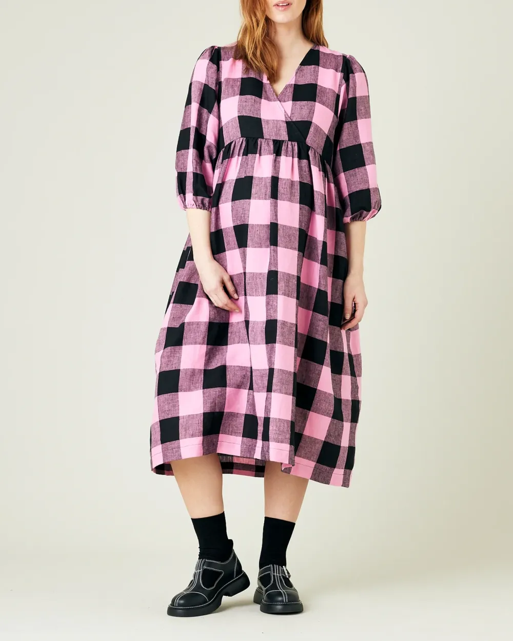 ABBIE PINK & BLACK MEGA CHECK LINEN DRESS