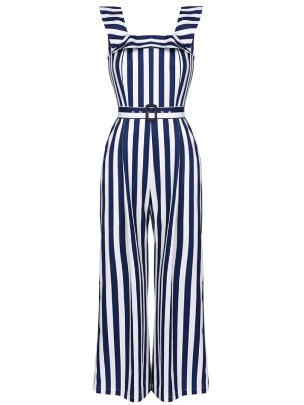 BLUE 1930S STRIPED RUFFLE JUMPSUIT