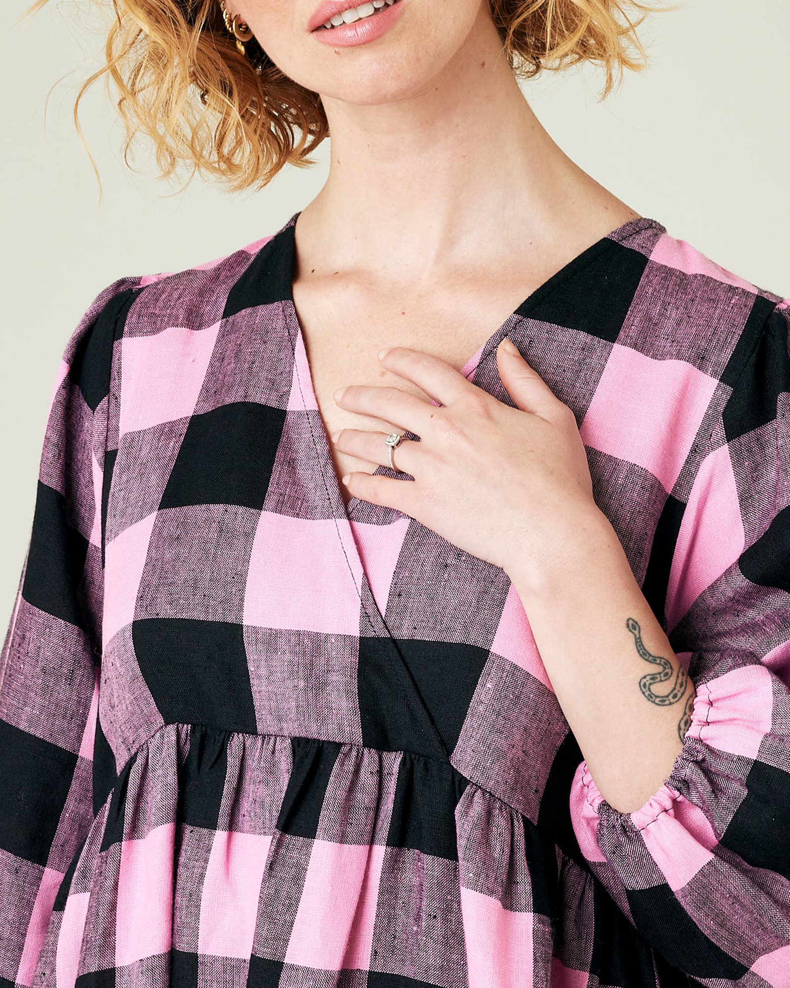 ABBIE PINK & BLACK MEGA CHECK LINEN DRESS