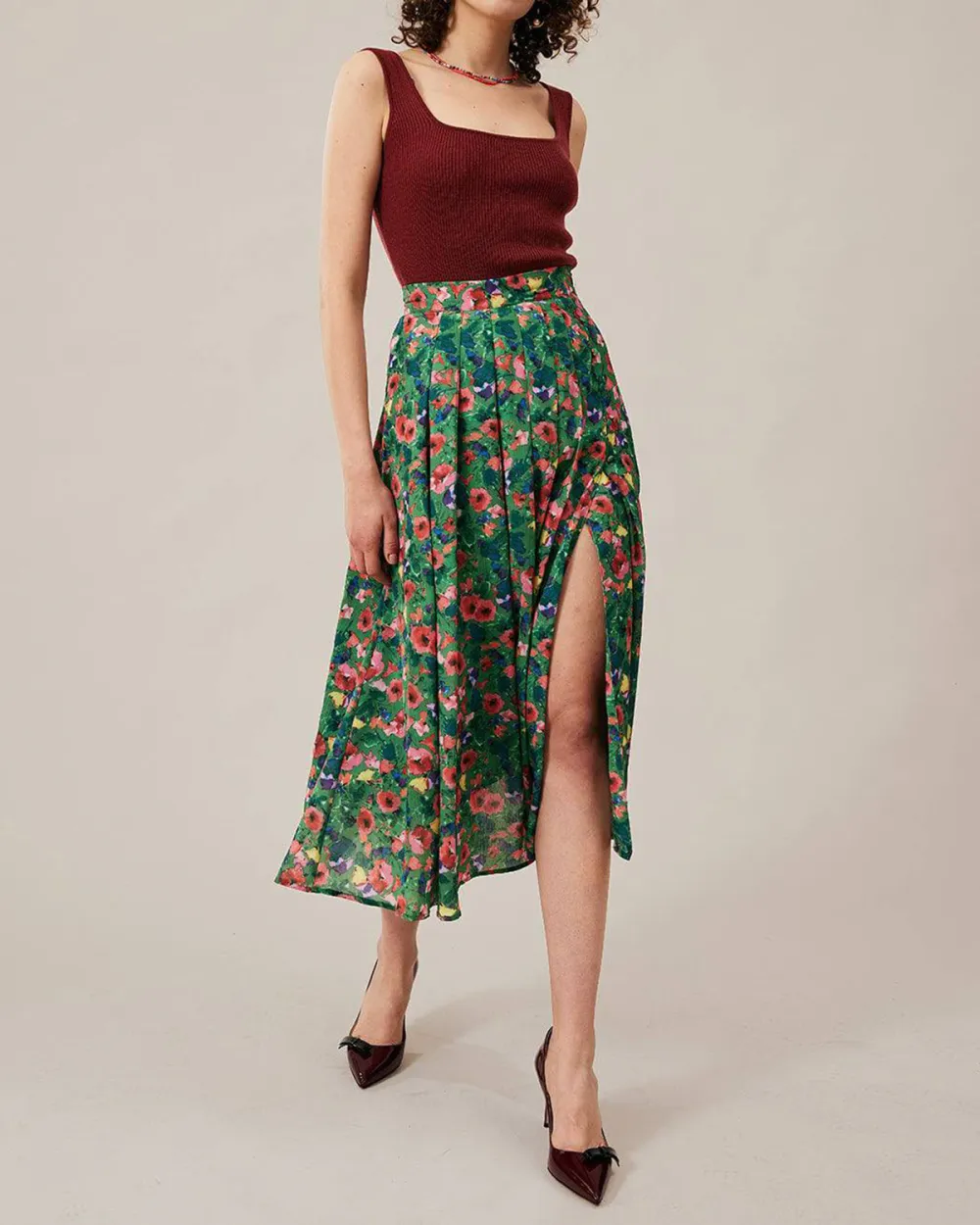 Green floral print flowy skirt