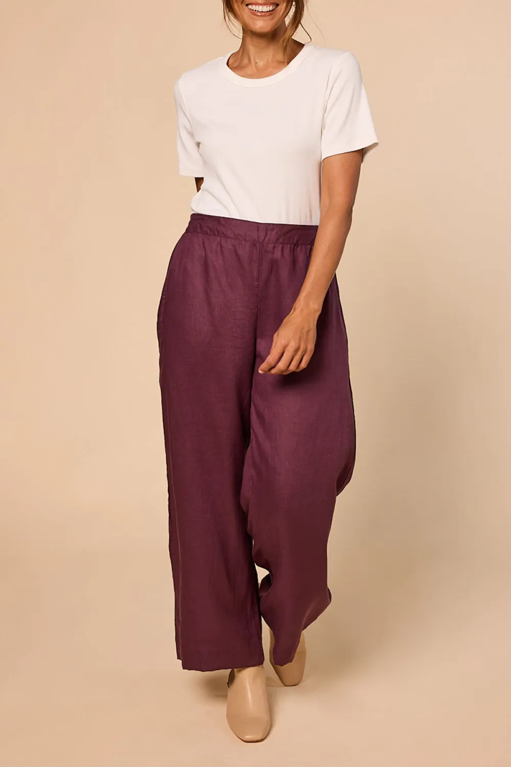 Camille Linen Wide Leg Pant in Plum