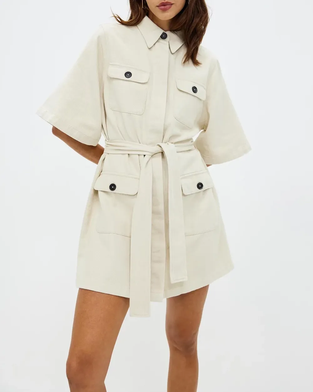 Cotton Wide Sleeve Twill Shirt Dress