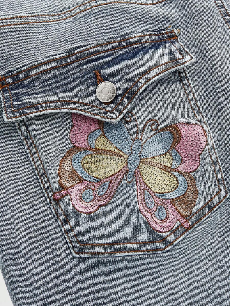 Fairycore Women's Plus Size Butterfly Embroidery Flared Denim Jeans With Pockets