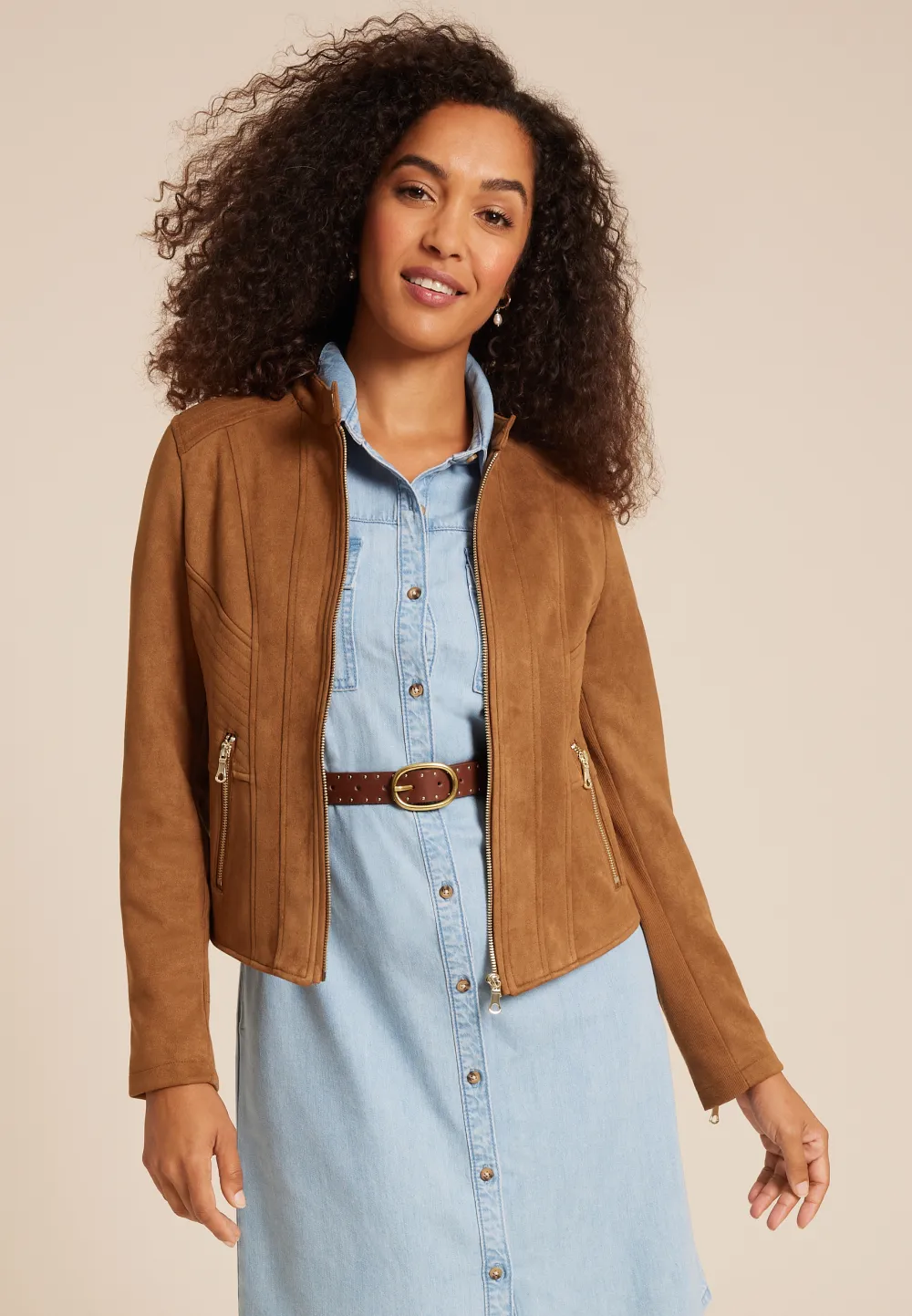 Brown Faux Suede Biker Jacket