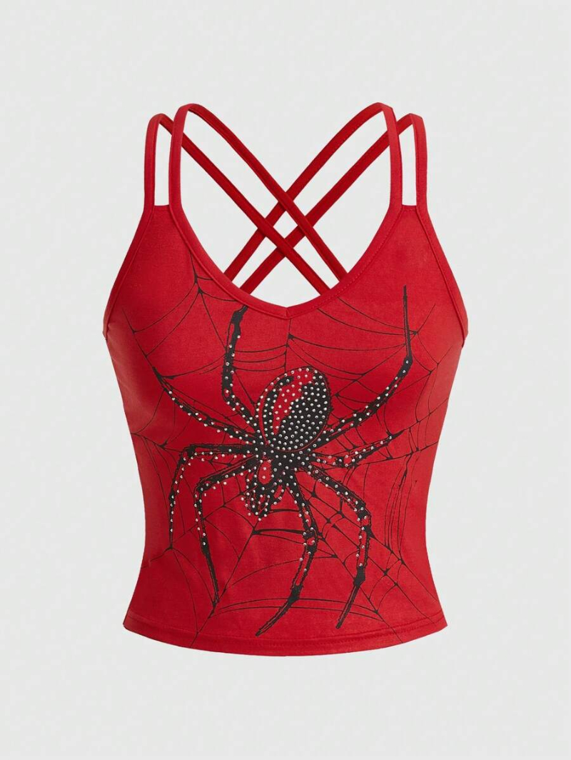 Goth Sexy Spider Web Print Rhinestone Studded Tight Tank Top With Double Shoulder Straps And Backless Design