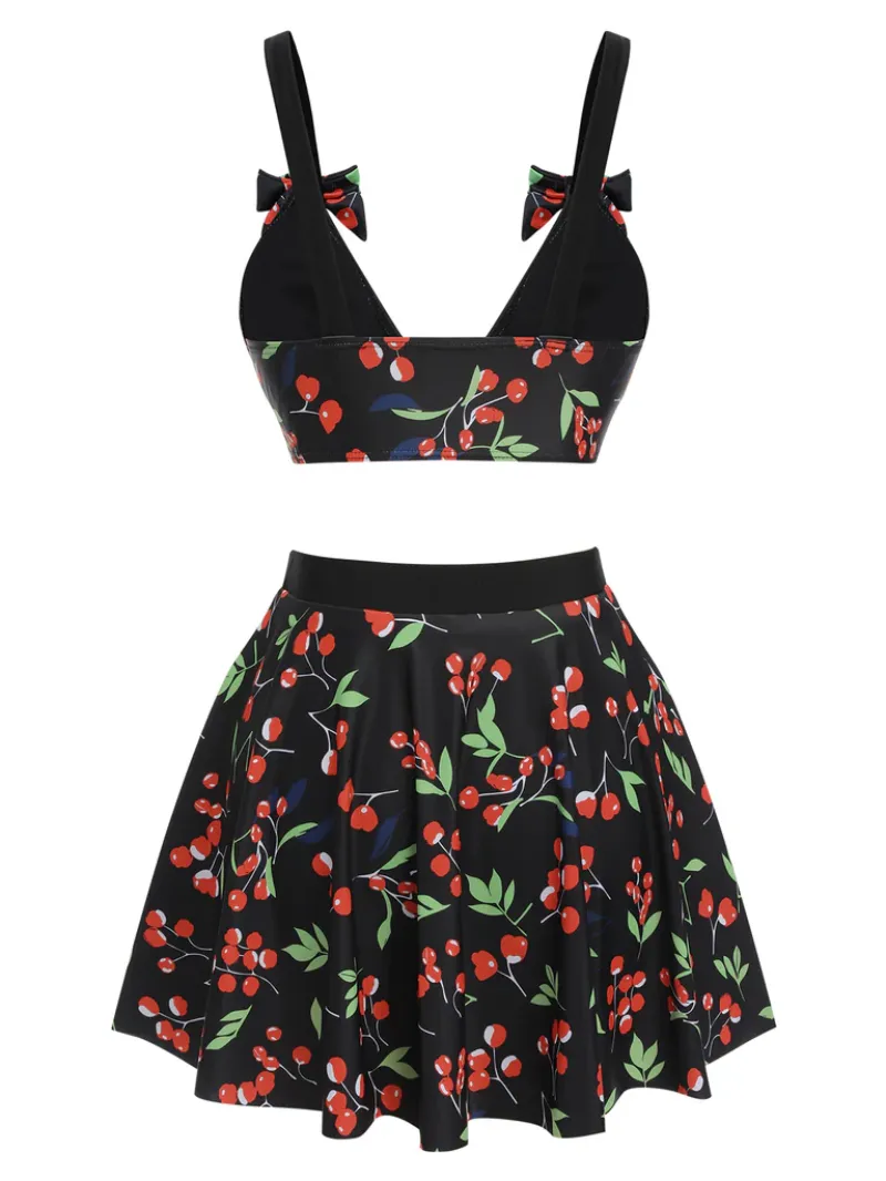 BLACK 1950S CHERRY BOW V-NECK SWIMSUIT