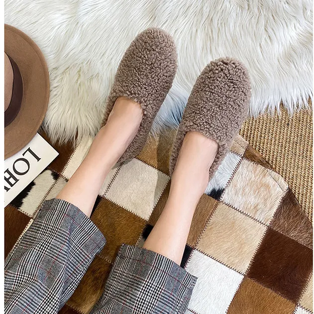 Furry Outer Wearing Flats Loafers Belt Buckle Decor Backless  Wild Fluffy Flat Mules Warm