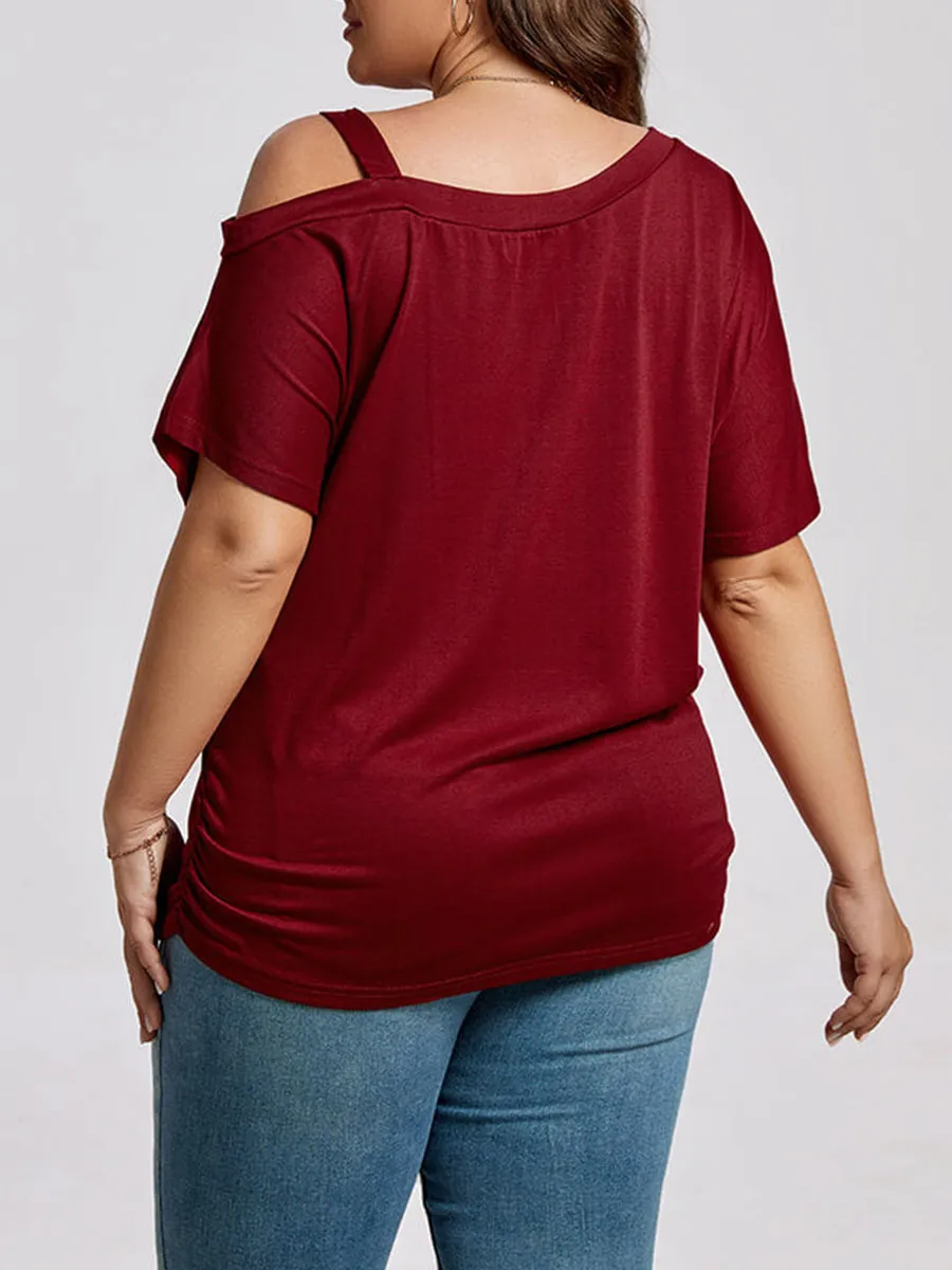 Plus Wine Red Cold Shoulder Batwing Sleeve Ruched Tee