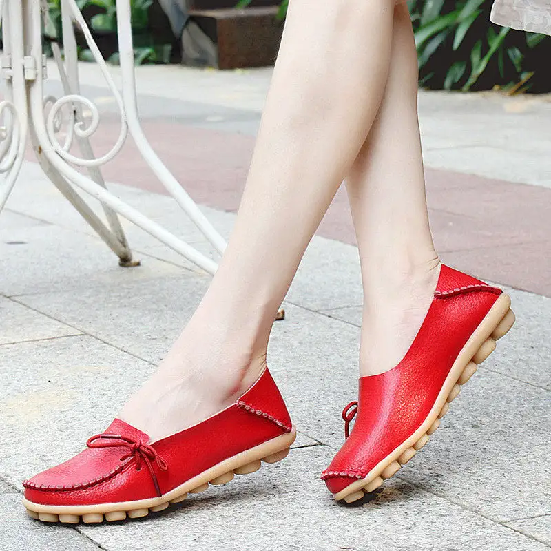 New Moccasins Women Flats Autumn Woman Loafers Genuine Leather Female Shoes Slip On Ballet Bowtie Women's Shoe