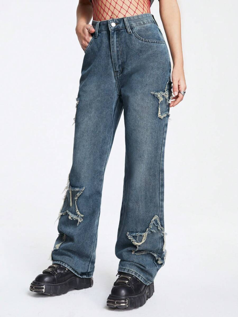 Grunge Punk Retro Cool Street Style Star Patch Embroidered Loose Straight Denim Trousers