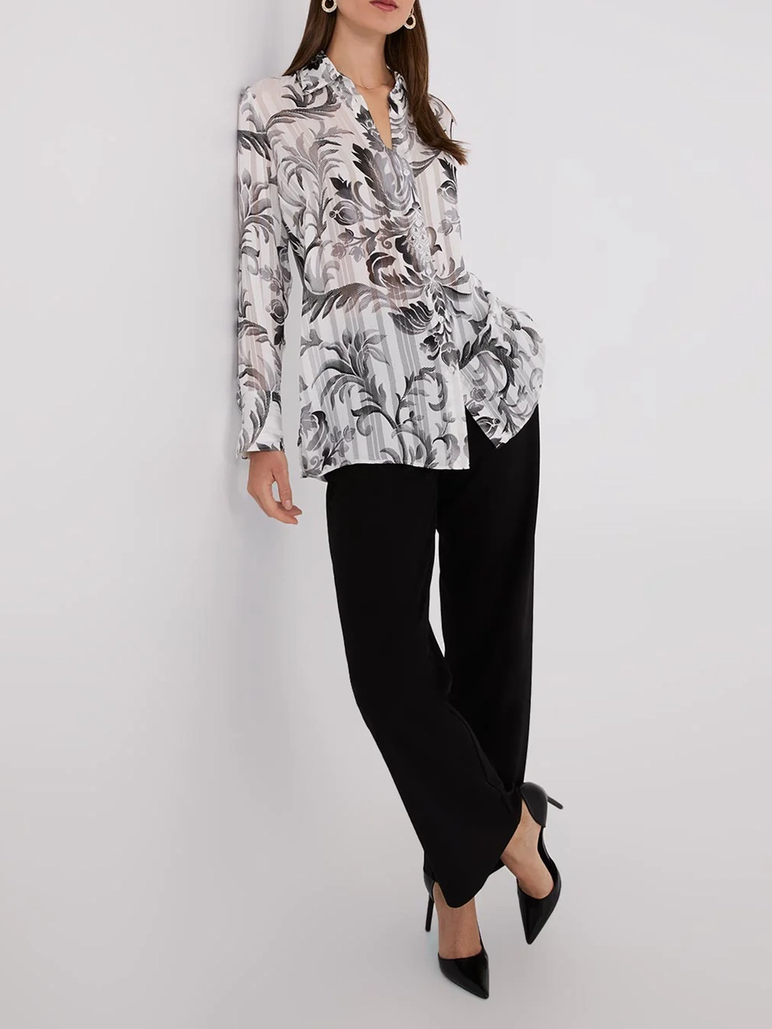 Floral Print Metallic Shadow Stripe Chiffon Blouse