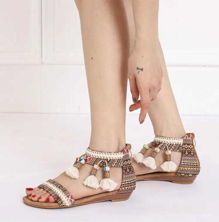 Bohemian Wedge Sandals Women European and American National Style Summer Open Toe Pendant Beads Tassel Travel Roman Sandals