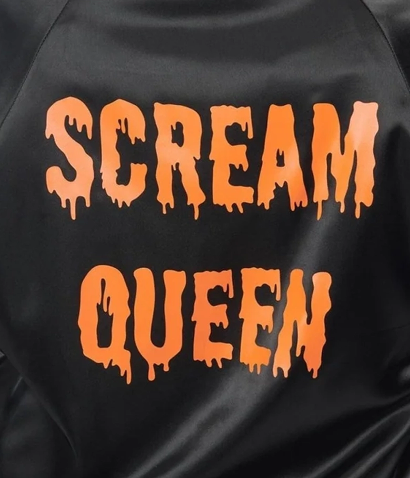 Unique Vintage Black And Orange Scream Queen Satin Bomber Jacket