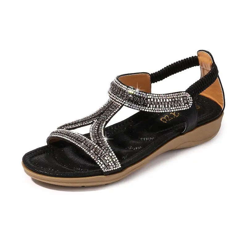 Cilool Sandals Hollow Triangle Rhinestone Sandals Soft Bottom Wedge Flat