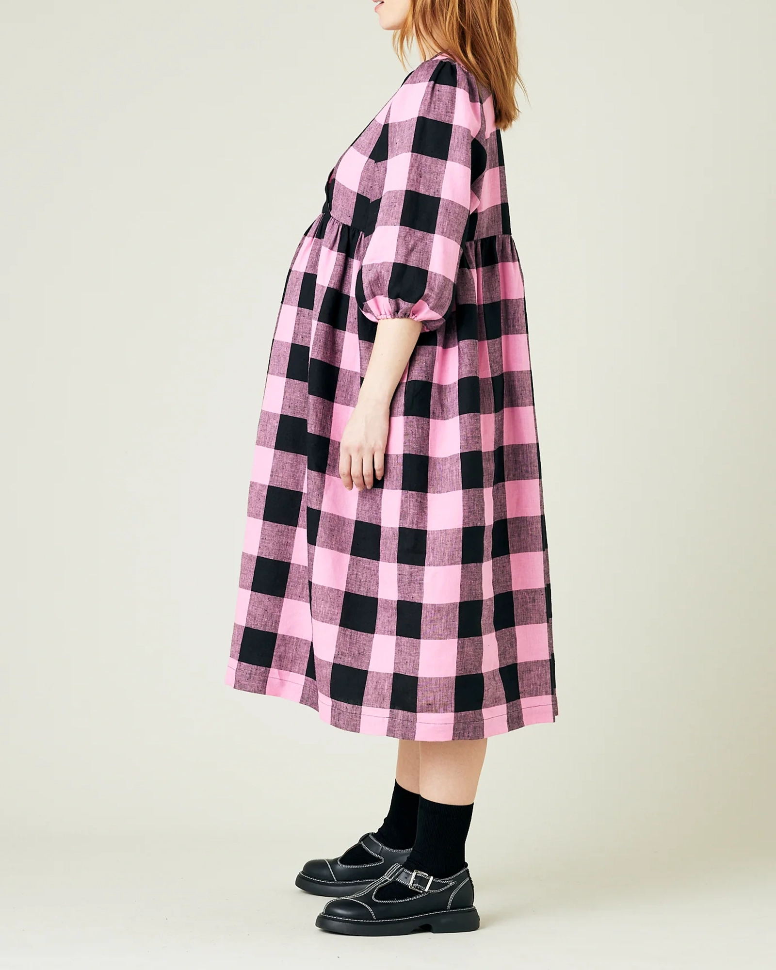 ABBIE PINK & BLACK MEGA CHECK LINEN DRESS