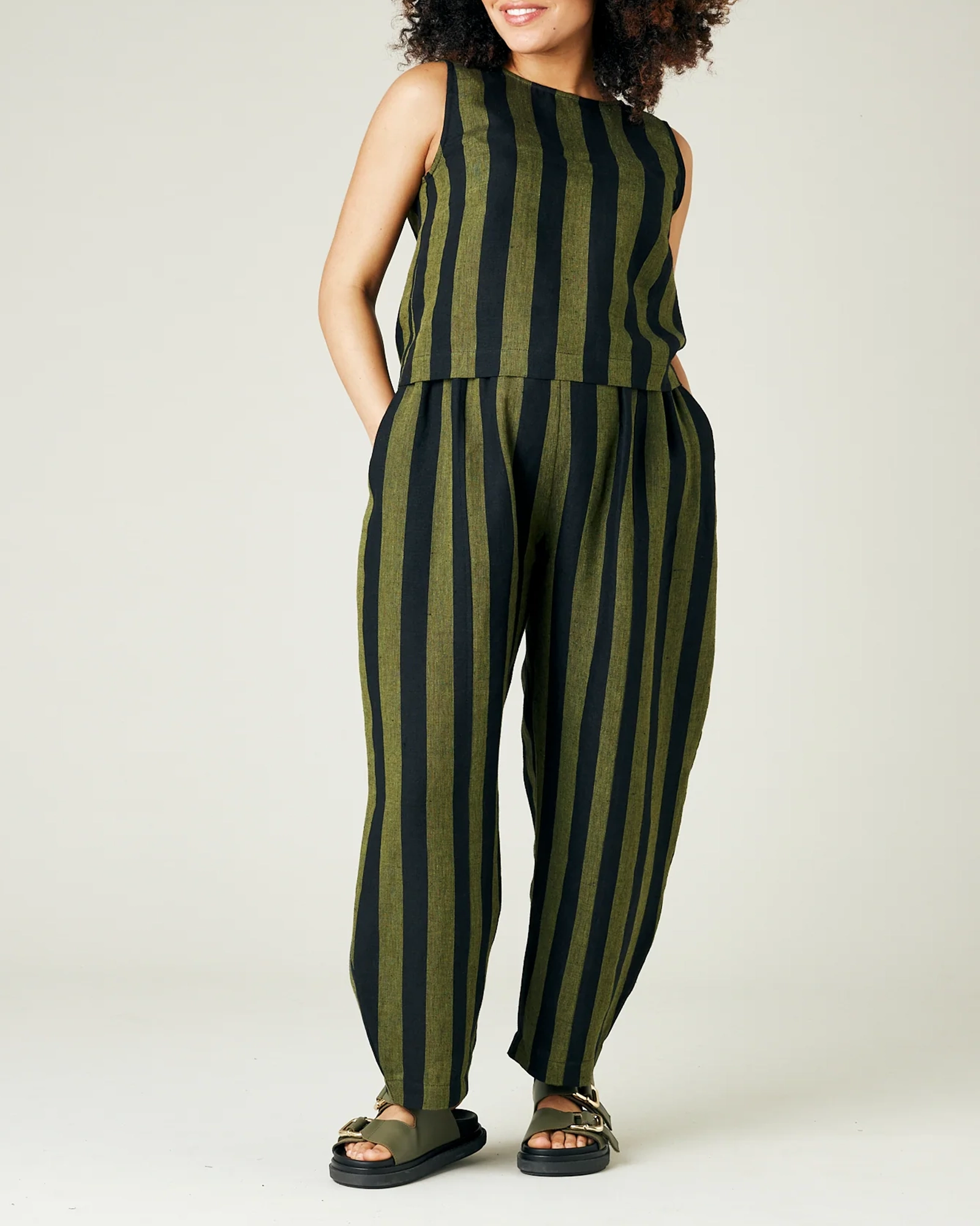 OLIVE AND BLACK STRIPE LINEN TROUSERS