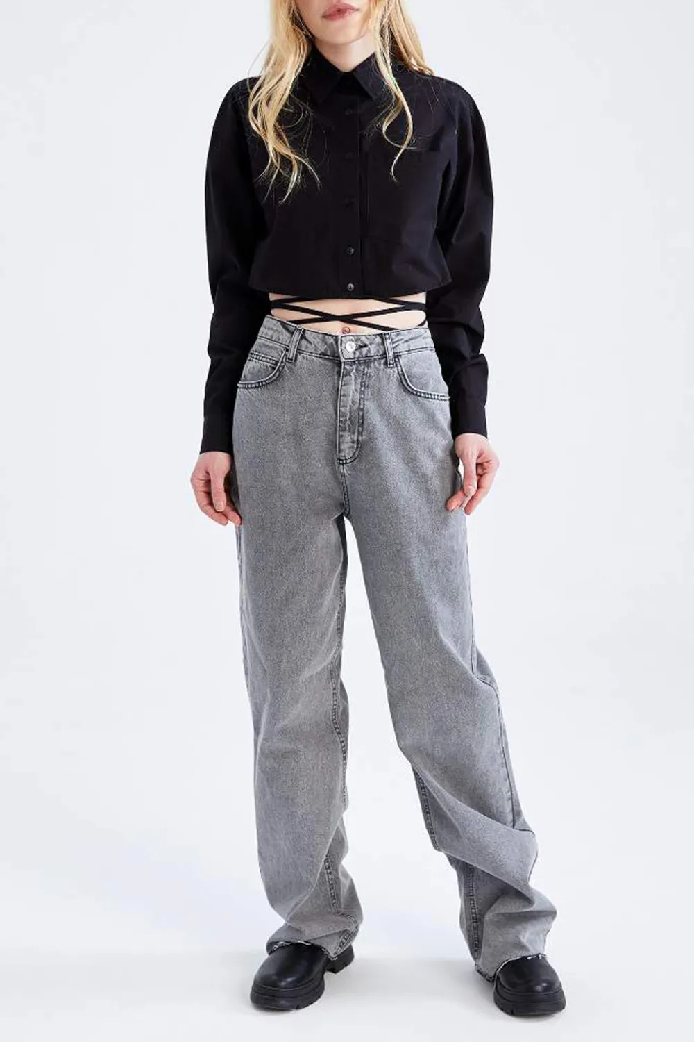 Coool Oversize Fit Tie Waist Detailed Crop Shirt