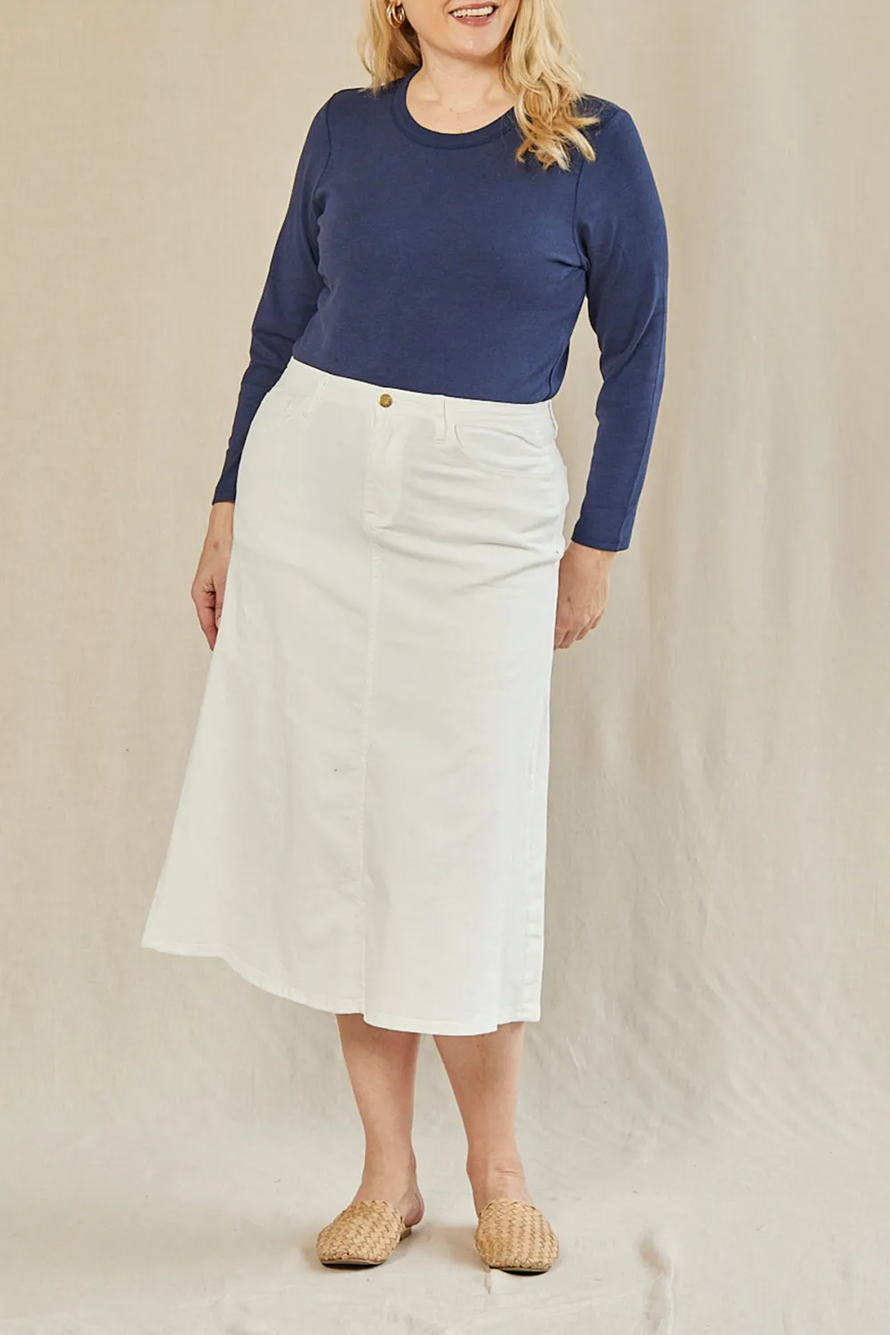 Adrift Denim A-Line Skirt in White