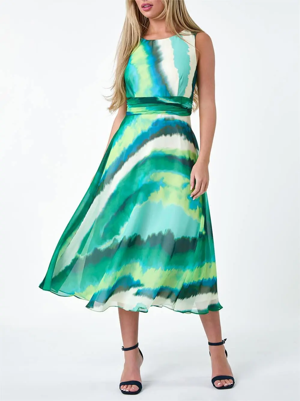 Green Sleeveless Abstract Print Midi Dress